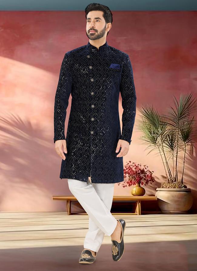 Velvet Navy Blue Wedding Wear Embroidery Work Readymade Sherwani